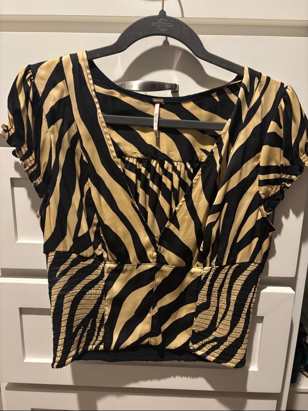 Free People Black and Gold Zebra Print Short Sleeve Blouse